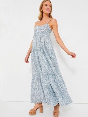 Smocked Bodice Blue Floral Maxi Dress